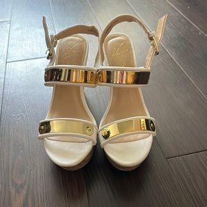 White and gold platform wedges